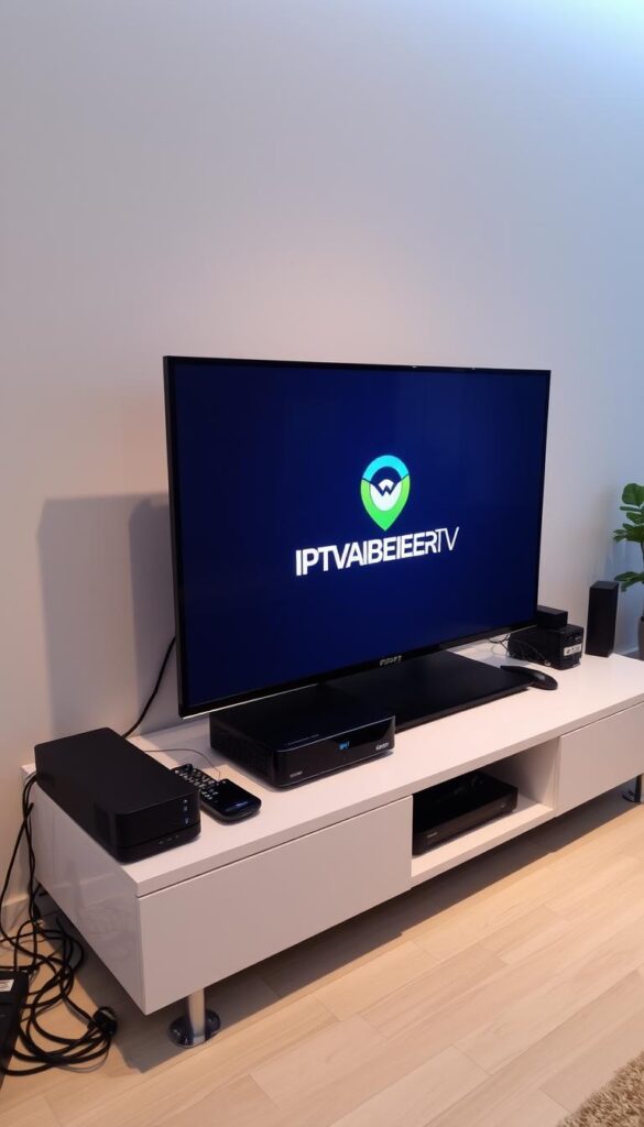 A high-tech IPTV setup with sleek devices and an intuitive user interface. A smart TV or media box sits on a minimalist entertainment center, surrounded by cables and networking equipment. The display shows the IPTVANBIETERTV brand logo, indicating a premium IPTV service provider. Soft, directional lighting accentuates the clean, modern design. The composition emphasizes the seamless integration of IPTV technology into the home environment, conveying the convenience and advanced capabilities of this emerging entertainment platform. A high-tech IPTV setup with sleek devices and an intuitive user interface. A smart TV or media box sits on a minimalist entertainment center, surrounded by cables and networking equipment. The display shows the IPTVANBIETERTV brand logo, indicating a premium IPTV service provider. Soft, directional lighting accentuates the clean, modern design. The composition emphasizes the seamless integration of IPTV technology into the home environment, conveying the convenience and advanced capabilities of this emerging entertainment platform.
