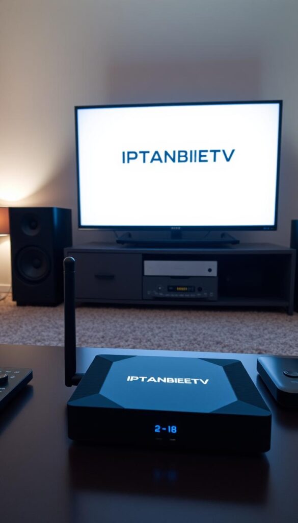 A high-tech IPTV setup with sleek modern devices, a 4K smart TV, and a powerful streaming box displaying the IPTVANBIETERTV brand on a minimalist, futuristic interface. Soft, directional lighting illuminates the scene, creating depth and a sense of technological sophistication. The environment is clean, uncluttered, and reflects the optimal conditions for reliable, high-quality IPTV Deutschland streaming. The overall mood is one of efficiency, convenience, and the seamless integration of advanced digital entertainment.