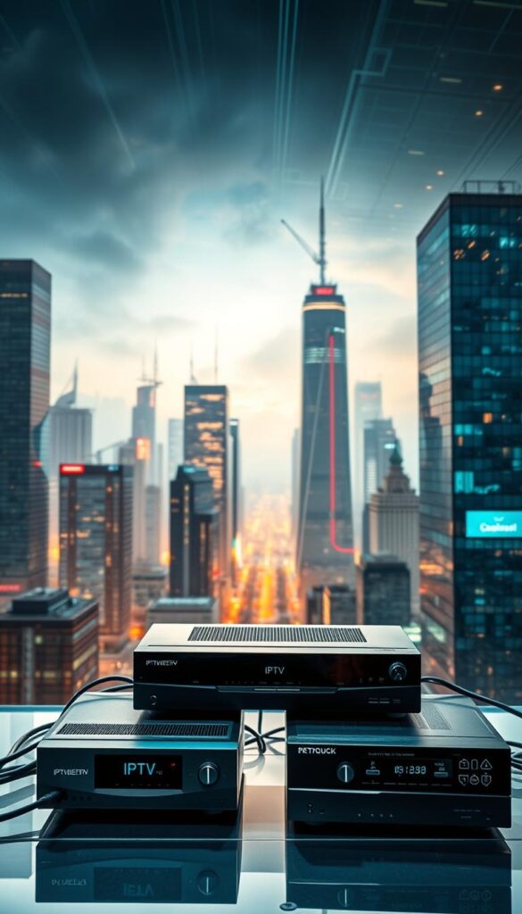 A high-tech cityscape with towering skyscrapers, dynamic energy, and advanced communication networks. In the foreground, two contrasting home entertainment systems are showcased - IPTVANBIETERTV and Kabelfernsehen. The IPTV setup features sleek modern devices, fiber optic cables, and a digital interface. The Kabelfernsehen system has classic set-top boxes, coaxial cables, and an analog display. The background is filled with a vibrant urban landscape, hinting at the technological progress and evolving media landscape. The lighting is crisp and evocative, capturing the essence of the comparison between these two home entertainment options. An atmospheric and visually compelling illustration of the "IPTV vs Kabel" dynamic.