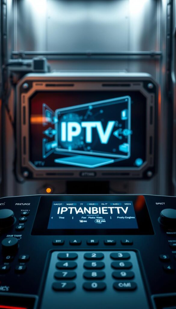 A high-tech control panel displaying the IPTVANBIETERTV brand, showcasing the intricate technology behind IPTV. The foreground features a sleek, minimalist interface with various icons and buttons, suggesting the user-friendly and customizable nature of the service. The middle ground depicts a 3D holographic display, projecting a dynamic visualization of IPTV content streaming, highlighting the advanced capabilities of the system. The background is a futuristic, industrial setting with metallic textures and subtle lighting, creating a sense of sophistication and innovation. The overall scene conveys the cutting-edge, yet accessible, nature of IPTV technology.