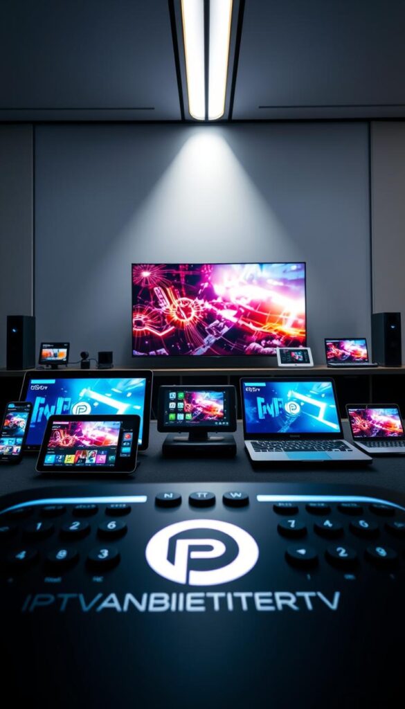 A high-tech control panel showcasing a variety of modern digital devices and platforms, including smart TVs, tablets, smartphones, and laptops. The foreground features the prominent "IPTVANBIETERTV" brand logo, conveying a sense of technological prowess and media integration. The middle ground displays the devices in use, with vibrant, futuristic interfaces and seamless cross-platform connectivity. The background is a sleek, minimalist setting with clean lines and subtle lighting, evoking a sophisticated, cutting-edge atmosphere. The overall composition conveys the versatility, accessibility, and integration of the supported devices and platforms.