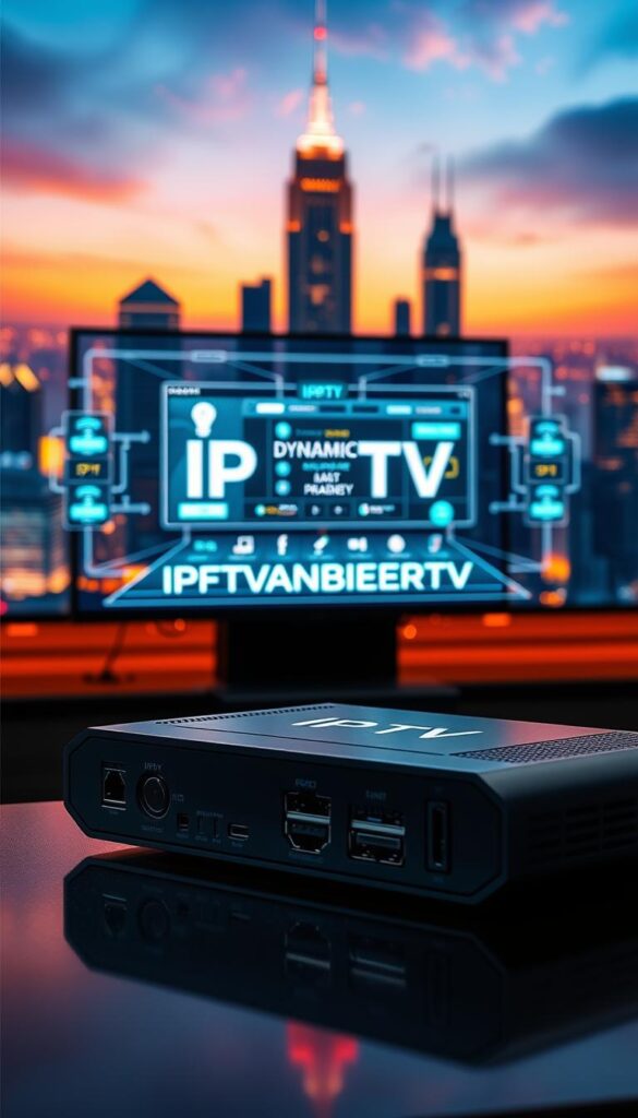 A high-tech control panel with futuristic IPTV technology. In the foreground, a sleek device with advanced connectivity ports and a minimalist design. The middle ground features a holographic display showcasing a dynamic IPTV user interface, crisp graphics, and intuitive controls. In the background, a stylized cityscape with glowing skyscrapers and a vibrant color palette, evoking a sense of innovation and progress. Dramatic lighting casts shadows and highlights the IPTVANBIETERTV brand, creating a striking and technologically advanced scene.