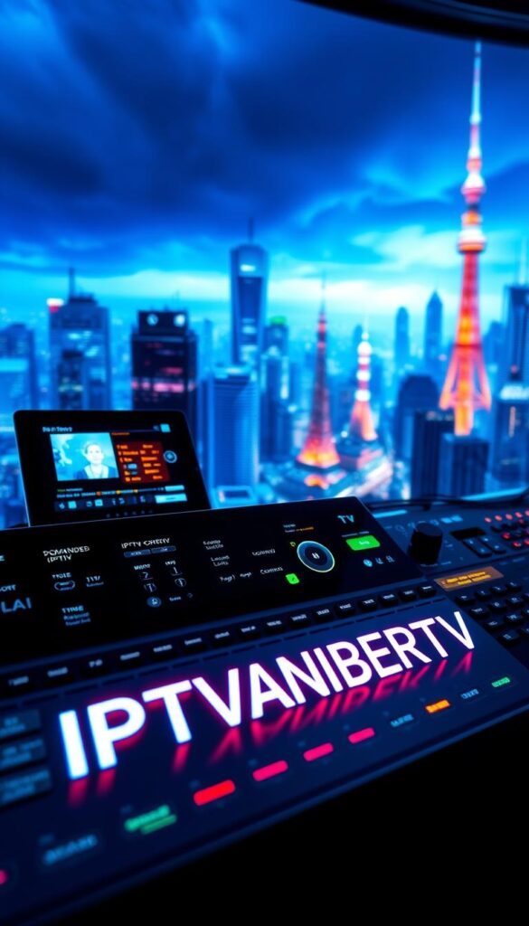 A high-tech control panel with sleek digital displays, glowing neon indicators, and a futuristic user interface. The foreground features the brand name "IPTVANBIETERTV" prominently displayed in a bold, illuminated font. The middle ground showcases various icons, buttons, and sliders representing the capabilities of IPTV technology, such as live TV, on-demand content, and advanced media features. The background is filled with a dynamic cityscape, with towering skyscrapers and glowing communication towers, conveying the modern and interconnected nature of IPTV. The overall scene is bathed in a cool, blue-tinted lighting, creating a sense of technological sophistication and innovation.