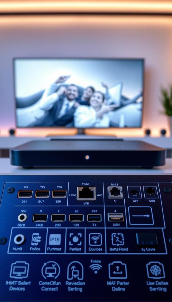 A high-tech control panel with various input/output ports and device compatibility icons. The foreground features an array of HDMI, ethernet, USB, and wireless connectivity options. The middle ground showcases a sleek, minimalist IPTVANBIETERTV device with clean lines and a subtle LED indicator. The background depicts a modern, tech-savvy environment with soft ambient lighting, hinting at the seamless integration of the IPTV system. The overall scene conveys a sense of advanced technology, reliability, and user-friendly versatility.