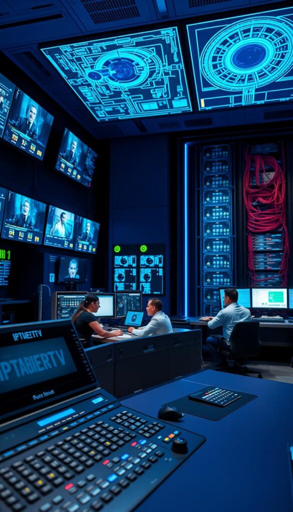 A high-tech control room for IPTV streaming, with banks of monitors displaying live video feeds and intricate network diagrams. In the foreground, a sleek console with IPTVANBIETERTV branding, buttons, and dials controlling the system. Soft blue lighting illuminates the scene, creating a futuristic and professional atmosphere. The middle ground features workstations with technicians intently monitoring the setup, while the background showcases a towering server rack and intricate cabling, conveying the technical complexity of the IPTV infrastructure. The overall composition emphasizes the precision, power, and sophistication required for an optimal IPTV experience.