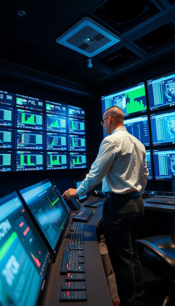 A high-tech control room with a large video wall displaying real-time network data and monitoring IPTV streaming performance. The room is dimly lit, with subtle blue and green hues from the displays. A technician in a crisp white shirt and dark slacks is intently focused on a console, adjusting settings to optimize the IPTVANBIETERTV network and resolve any buffering issues. The atmosphere is one of professionalism and technical expertise, conveying the idea that the IPTV provider is proactively managing the service to ensure a seamless viewing experience for customers.