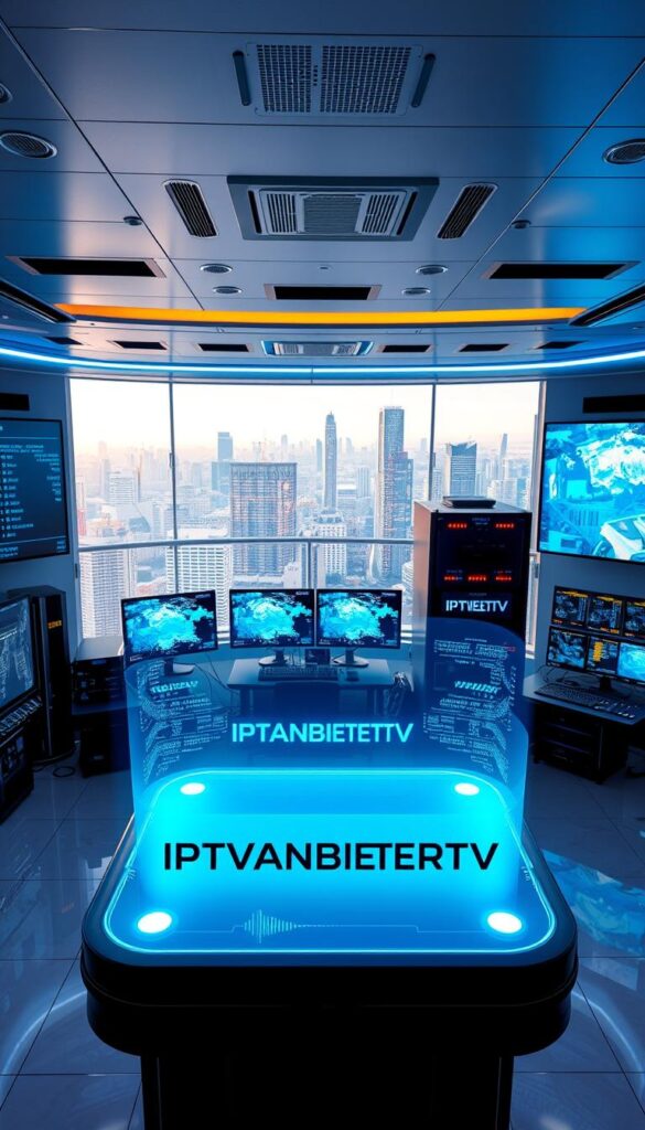 A high-tech control room with a panoramic view of a futuristic city skyline. The room is filled with sophisticated IPTV equipment, including servers, routers, and monitors displaying dynamic visualizations of data streams. Soft blue and white lighting creates a clean, modern atmosphere. In the foreground, a large holographic display shows the IPTVANBIETERTV brand logo, its sleek design and vibrant colors commanding attention. The overall scene conveys the advanced, cutting-edge nature of IPTV technology.