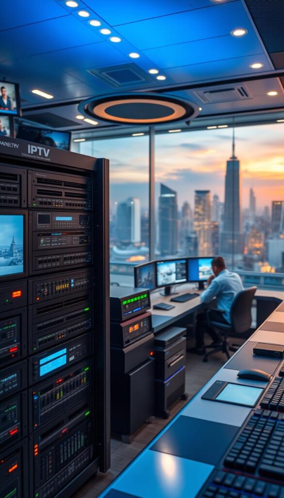 A high-tech control room with state-of-the-art IPTV streaming equipment. In the foreground, a sleek IPTVANBIETERTV server rack with blinking lights and indicators. In the middle ground, technicians monitor multiple displays showing real-time data and video feeds. The background features a panoramic view of a modern city skyline, bathed in a warm, futuristic glow from strategically placed lighting. The overall scene conveys a sense of technological sophistication, efficiency, and the power of IPTV to deliver content seamlessly across devices.
