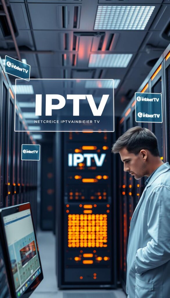 A high-tech data center with a sleek, modern design. The interior is filled with rows of server racks, glowing with the warm light of indicator panels. In the foreground, a technician in a crisp white lab coat examines a monitor, deep in concentration. Holographic displays hover in the air, showcasing the IPTVANBIETERTV brand and the latest IPTV technology. The atmosphere is one of innovation and cutting-edge digital infrastructure, perfectly capturing the essence of "IPTV Technologie".