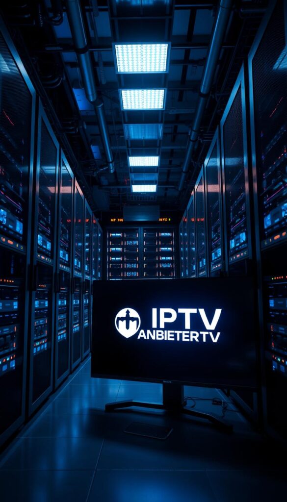 A high-tech data center with rows of sleek servers and blinking lights, bathed in a cool blue glow. In the foreground, a modern smart TV displaying the logo "IPTVANBIETERTV", showcasing low-latency IPTV streaming with crystal-clear 4K resolution. The room is filled with a sense of technological prowess and efficiency, conveying the reliability and quality of the IPTV service. Dramatic lighting from above casts dramatic shadows, emphasizing the advanced nature of the system. The image captures the essence of "IPTV mit geringer Latenz" - a cutting-edge, high-performance streaming solution.