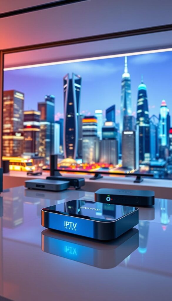 A high-tech digital broadcasting system displaying a sleek, futuristic interface. In the foreground, the IPTVANBIETERTV logo shines with a crisp, modern aesthetic, hinting at the advanced technology powering the IPTV service. The middle ground showcases various streaming devices, each with clean, minimalist designs that seamlessly integrate into a modern home entertainment setup. In the background, a vibrant cityscape with towering skyscrapers and glowing lights suggests the vast connectivity and global reach of IPTV technology. Soft, directional lighting accentuates the smooth, glossy surfaces, creating a sense of sophistication and innovation. The overall atmosphere conveys the efficiency, convenience, and cutting-edge nature of IPTV as a transformative media distribution platform.