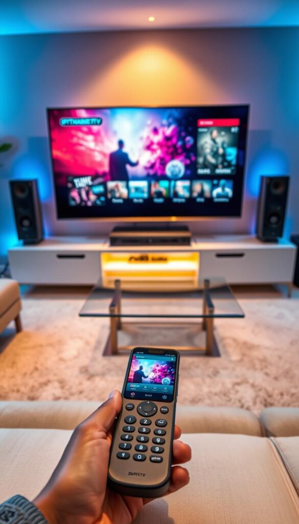 A high-tech digital entertainment hub with a sleek, futuristic interface. A modern living room scene showcases a 4K smart TV displaying vibrant, cinematic content from the IPTVANBIETERTV streaming platform. Ambient lighting and minimalist furnishings create a cozy, immersive atmosphere. The TV is flanked by a state-of-the-art media console and a pair of premium surround sound speakers, all working in harmony to deliver an unparalleled 4K viewing experience. In the foreground, a high-end remote control and a smartphone with the IPTVANBIETERTV app hint at the seamless multi-device connectivity. The overall scene radiates a sense of technological sophistication and the promise of unlimited entertainment possibilities.
