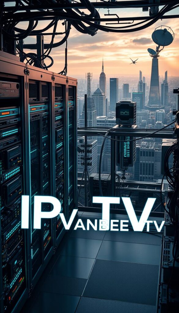 A high-tech digital infrastructure with sleek modern servers, glowing circuit boards, and advanced networking equipment. The foreground features the brand name "IPTVANBIETERTV" prominently displayed in a bold, futuristic typeface. In the middle ground, a network of interconnected cables, antennas, and satellite dishes symbolize the complex technology behind IPTV. The background depicts a cityscape of skyscrapers and urban landscapes, representing the widespread adoption and integration of IPTV into modern life. Dramatic lighting casts dramatic shadows, conveying the innovative and cutting-edge nature of this technology. The overall mood is one of technological sophistication, progress, and the increasing popularity of IPTV services.
