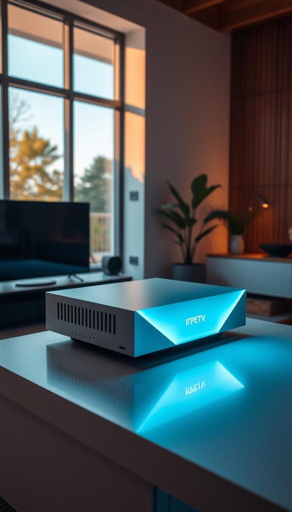 A high-tech digital living room with a sleek, futuristic IPTVANBIETERTV set-top box prominently displayed on a modern, minimalist TV stand. The box is emitting a soft, ambient glow, illuminating the space with a warm, inviting atmosphere. The room is bathed in natural light filtering in through large windows, creating a bright, airy ambiance. A sophisticated lighting setup casts dramatic shadows and highlights the clean, angular design of the IPTVANBIETERTV device. The overall scene conveys a sense of advanced technology seamlessly integrated into a comfortable, contemporary home environment.