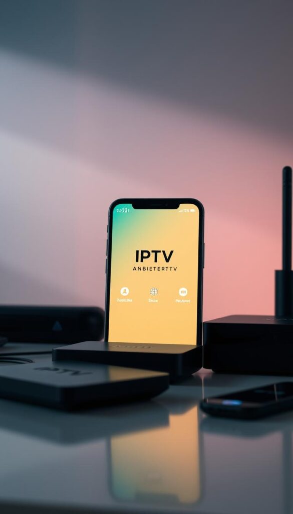 A high-tech digital media device with a sleek, minimalist design showcasing the "IPTVANBIETERTV" brand. The app interface is prominently displayed, highlighting its comprehensive device compatibility across a range of modern gadgets, from smart TVs and streaming boxes to mobile phones and tablets. The scene is illuminated by soft, directional lighting, creating a sense of sophistication and modernity. The composition emphasizes the versatility and user-friendliness of the IPTV Deutschland app, inviting the viewer to imagine seamless integration into their digital lifestyle.