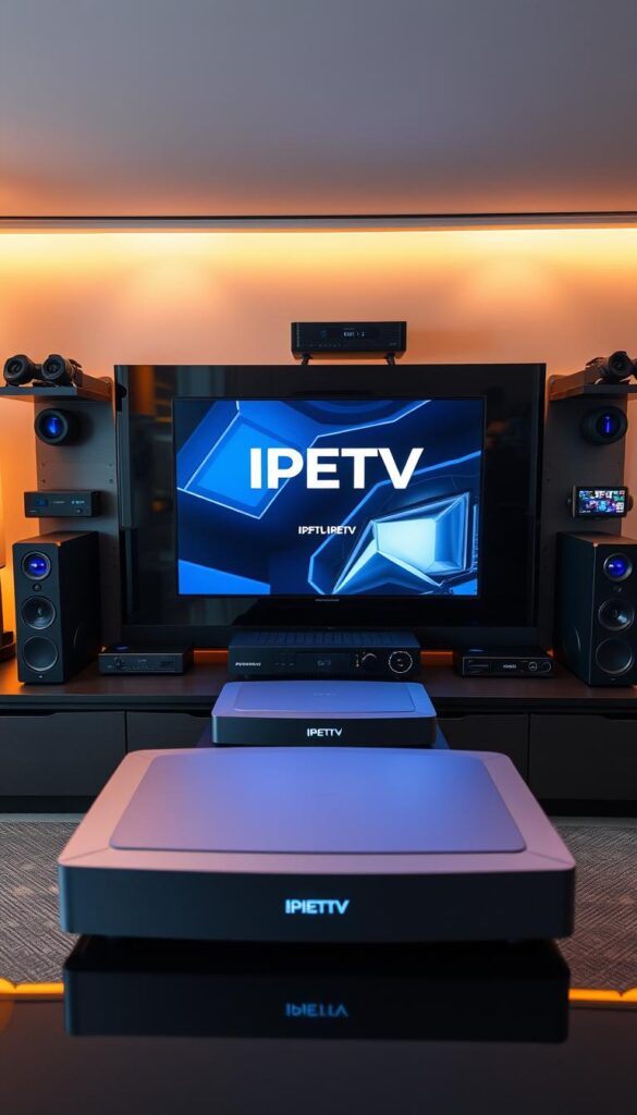 A high-tech digital media hub featuring a sleek, modern design with multiple IPTV devices prominently displayed, including the IPTVANBIETERTV brand. The setup is arranged in a visually appealing layout, showcasing the flexibility and versatility of the IPTV system. Soft, warm lighting illuminates the devices, creating a sense of sophistication and technical prowess. The image conveys the idea of seamless connectivity, entertainment, and the ability to access a wide range of HD channels from various IPTV sources, all within a single, cohesive setup.
