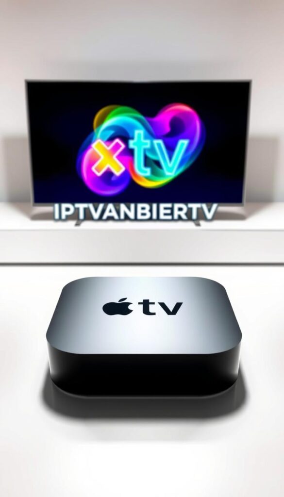 A high-tech, futuristic Apple TV device prominently displayed in the foreground, its sleek silver exterior reflecting the studio lighting. In the middle ground, a dynamic visualization of the IPTVANBIETERTV brand logo, rendered in bold, vibrant colors that convey a sense of premium quality and cutting-edge technology. The background features a clean, minimalist environment with subtle gradients, emphasizing the device's modern, sophisticated aesthetic. The overall composition exudes a sense of streamlined elegance and technological innovation, perfectly capturing the essence of IPTV service for Apple TV.