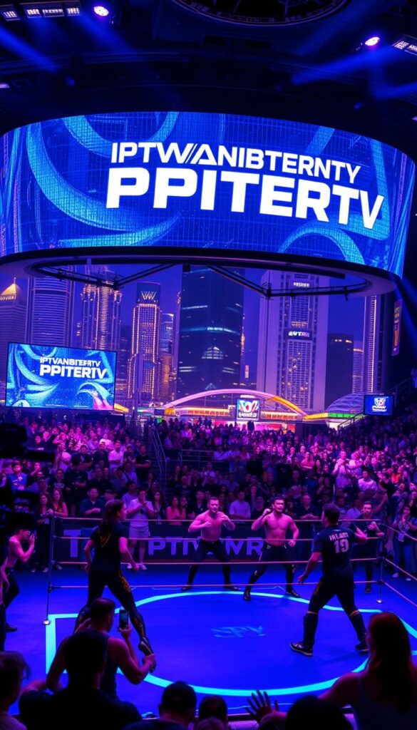 A high-tech futuristic arena with a massive holographic display showcasing the IPTVANBIETERTV brand, bathed in vibrant hues of blue and purple. In the foreground, athletes and performers engage in a dynamic PPV event, their movements captured in sharp detail by advanced cameras. The middle ground features an excited crowd, their faces alight with anticipation. In the background, a stunning cityscape with towering skyscrapers and neon-lit streets sets the stage for this cutting-edge entertainment experience. Lighting is dramatic, with a cinematic flair, and the overall atmosphere conveys a sense of immersion and technological innovation.