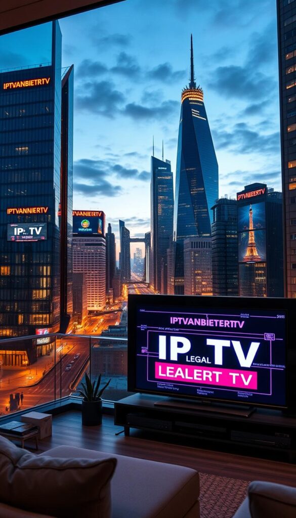 A high-tech, futuristic cityscape at dusk, with sleek skyscrapers and neon-lit billboards featuring the "IPTVANBIETERTV" brand. The foreground showcases a modern apartment interior with a large TV screen displaying legal-themed graphics, representing the legal aspects of IPTV in Germany. Warm, diffused lighting creates a sophisticated ambiance, while the background features a panoramic view of the city skyline. The image conveys a sense of technological advancement and urban sophistication, aligning with the article's subject matter.