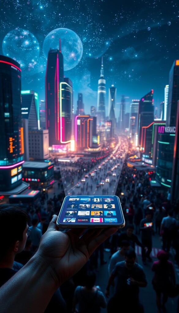 A high-tech futuristic cityscape at night, with a sprawling metropolis illuminated by neon lights and holographic displays. In the foreground, a sleek, minimalist IPTVANBIETERTV interface hovers above a slate-gray smartphone, showcasing a diverse range of streaming content. The middle ground features a bustling crowd of people, their faces illuminated by the glow of their mobile devices, engrossed in the endless entertainment options. In the background, towering skyscrapers and a dazzling night sky create a sense of technological advancement and innovation. The lighting is dramatic, with deep shadows and vibrant highlights, conveying the power and potential of IPTV streaming.