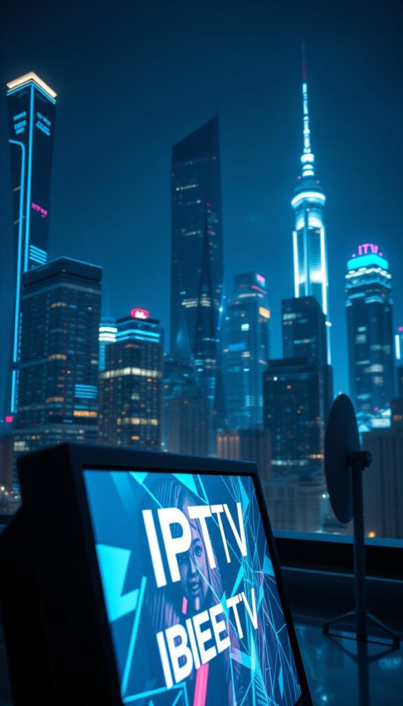 A high-tech, futuristic cityscape at night, with towering skyscrapers and a sleek, modern interface displaying the text "IPTVANBIETERTV". In the foreground, a close-up of a TV screen showing a crisp, vibrant image, with a cable or satellite dish visible in the background. The scene is illuminated by a cool, blue-toned lighting, creating a sense of technological sophistication. The overall mood is one of innovation and forward-thinking, reflecting the advanced nature of IPTV technology.