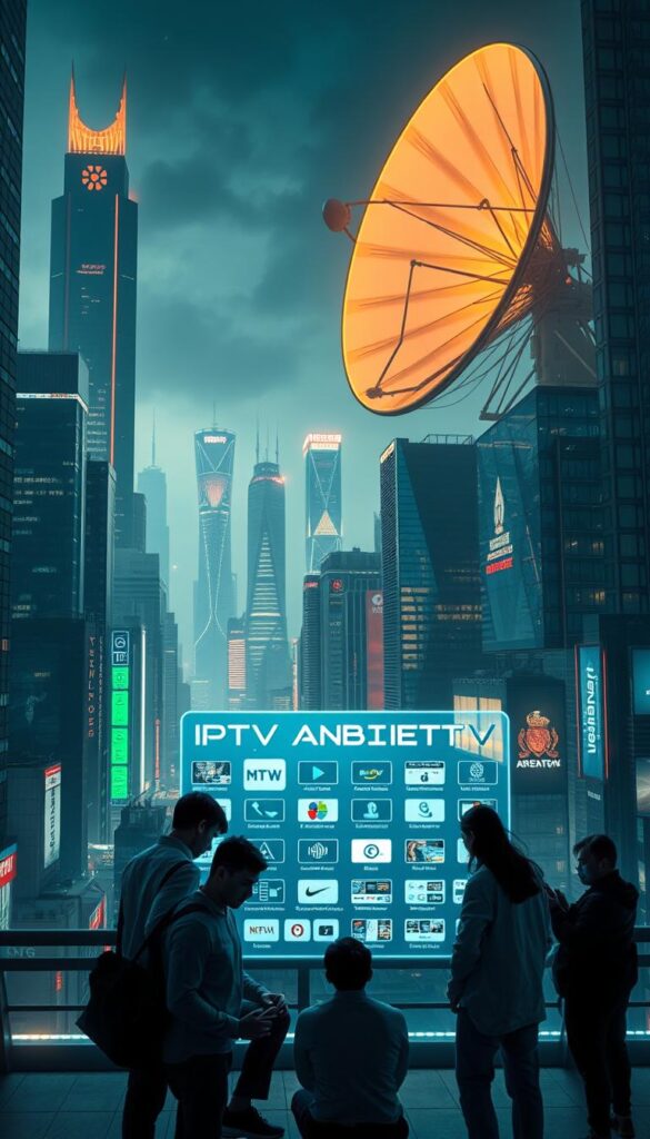 A high-tech, futuristic cityscape at night, with towering skyscrapers, neon lights, and a sleek, modern aesthetic. In the foreground, a group of people huddle around a laptop, discussing the features of the "IPTVANBIETERTV" IPTV service, which offers secure, multi-device support and affordable pricing plans. The middle ground features a holographic display showcasing the various channels and content available, while the background is dominated by a vast, illuminated satellite dish, symbolizing the cutting-edge technology that powers the IPTV service. The overall mood is one of technological innovation and digital security, with a touch of urban sophistication.