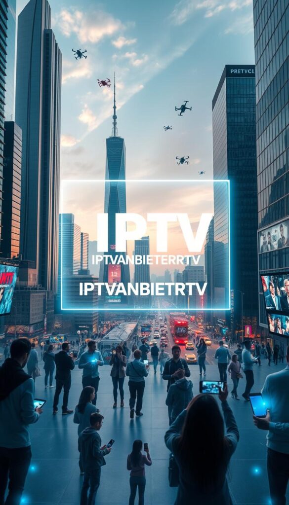 A high-tech, futuristic cityscape with towering skyscrapers and sleek, modern architecture. In the foreground, a large, holographic display showcases the IPTVANBIETERTV brand logo, emanating a crisp, luminous glow. The mid-ground features a diverse array of people using various IPTV devices, from smart TVs to tablets and smartphones, all seamlessly connected and immersed in content. The background depicts a vibrant, bustling metropolis, with hover cars and drones zipping through the air, conveying a sense of innovation and technological advancement. The lighting is a balanced mix of natural daylight and subtle, ambient artificial illumination, creating a polished, high-quality aesthetic. The overall mood is one of progress, connectivity, and the future of entertainment.