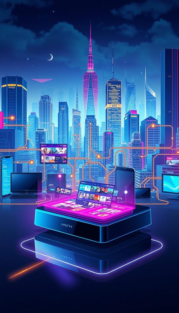 A high-tech, futuristic illustration of IPTV streaming technology. In the foreground, a sleek IPTVANBIETERTV device with clean lines and a minimalist design. It projects a holographic display showcasing a diverse range of content. In the middle ground, a seamless integration of devices, from smart TVs to mobile phones, all connected through a complex network of wires and signals. The background features a cityscape with towering skyscrapers, conveying the widespread adoption and infrastructure of IPTV. Vibrant colors, neon accents, and a sense of dynamism and efficiency permeate the scene, highlighting the advanced and innovative nature of IPTV technology.