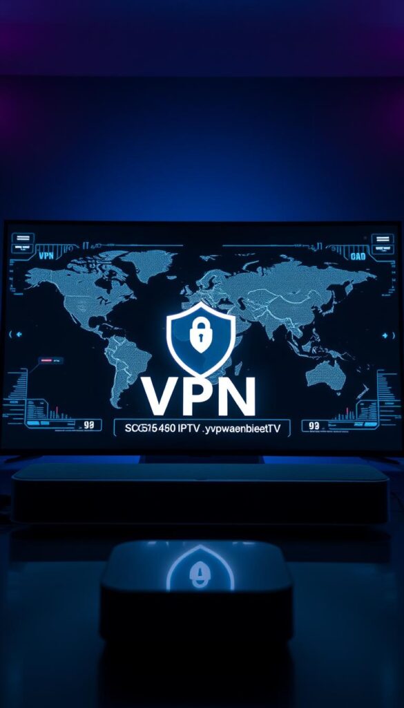 A high-tech futuristic interface showcasing an IPTVANBIETERTV IPTV service with a VPN connection. The foreground features a sleek black smart TV or streaming device, with a stylized VPN logo and UI elements overlaying the screen. The middle ground depicts a 3D world map, highlighting global network connectivity. The background has a moody, atmospheric lighting with muted shades of blue and purple, conveying a sense of secure, cutting-edge technology. The entire scene is captured with a cinematic, wide-angle lens, creating a visually striking and immersive composition.