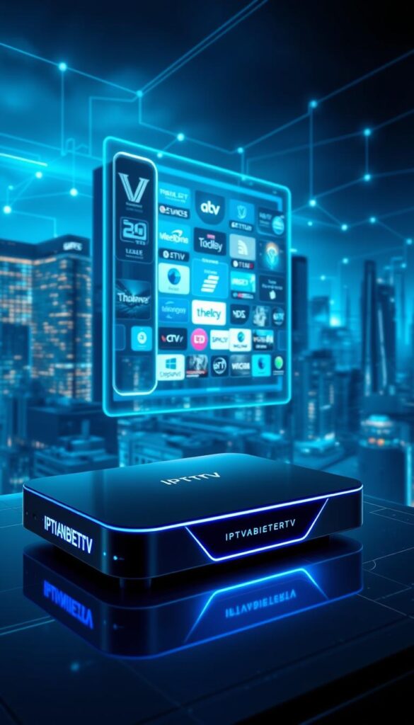 A high-tech, futuristic rendering of IPTV technology. In the foreground, a sleek IPTVANBIETERTV media streaming device with a minimalist design, glowing with blue LED accents. In the middle ground, a holographic display showcases various IPTV services and channels, with crisp, vibrant visuals. The background is a cityscape of modern skyscrapers and networks of glowing data cables, illuminating the ubiquity of IPTV infrastructure. The scene is bathed in a cool, blue-tinted lighting, creating a sense of technological sophistication. The overall mood is one of innovation, connectivity, and the seamless integration of IPTV into the digital landscape of contemporary Germany.