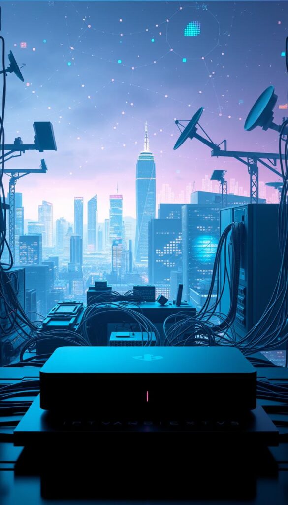 A high-tech, futuristic scene depicting the inner workings of IPTV technology. In the foreground, a sleek, minimalist IPTVANBIETERTV set-top box emits a soft, ambient glow. The middle ground features a complex network of cables, servers, and satellite dishes, all intricately connected and buzzing with digital activity. The background showcases a cityscape of towering skyscrapers and a vibrant, holographic skyline, hinting at the advanced, interconnected nature of modern IPTV infrastructure. The scene is bathed in a cool, blue-tinted lighting, creating a sense of sophistication and technological progress. The overall mood is one of awe and wonder at the underlying complexity of IPTV, inviting the viewer to explore and understand this innovative technology.