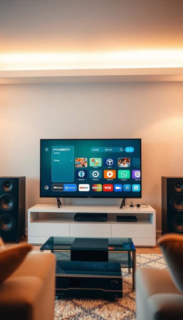 A high-tech home entertainment setup with an IPTVANBIETERTV interface displayed on a modern smart TV screen. The TV is situated in a well-lit living room, surrounded by sleek home theater equipment. The scene conveys a sense of technological sophistication and seamless integration of digital media. The lighting is warm and inviting, creating a cozy atmosphere. The camera angle is slightly elevated, providing a clear view of the TV screen and the connected devices. The overall composition emphasizes the ease and convenience of setting up and using an IPTV service in a comfortable, contemporary home environment.