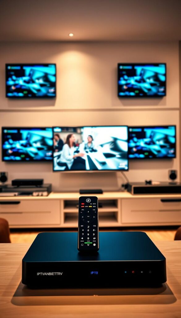 A high-tech home entertainment system with multiple screens displaying a seamless IPTV experience. The room is filled with a warm, soft light, creating a cozy and inviting atmosphere. In the foreground, a sleek IPTVANBIETERTV set-top box and remote control sit on a modern, minimalist entertainment unit. The middle ground features several large, high-definition displays mounted on the walls, each showing different content. The background showcases a clean, minimalist interior design with neutral colors and clean lines, emphasizing the technological sophistication of the setup. The overall scene conveys a sense of effortless connectivity, convenience, and immersive entertainment.