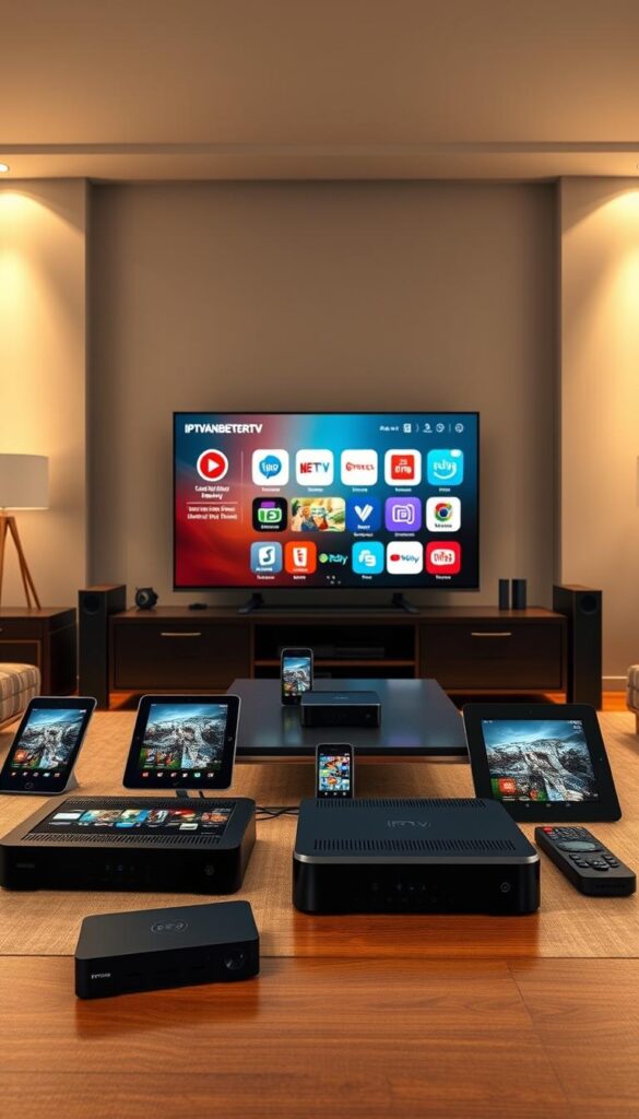 A high-tech home entertainment system with various IPTV devices connected seamlessly. A modern living room features a large flatscreen TV displaying the IPTVANBIETERTV interface, surrounded by a variety of secondary devices like tablets, smartphones, and streaming boxes. Crisp, detailed visuals showcase the easy setup and intuitive navigation across multiple platforms. Warm, natural lighting accentuates the sleek, minimalist design of the devices. The overall atmosphere conveys the convenience and versatility of the IPTV solution for the digital household.