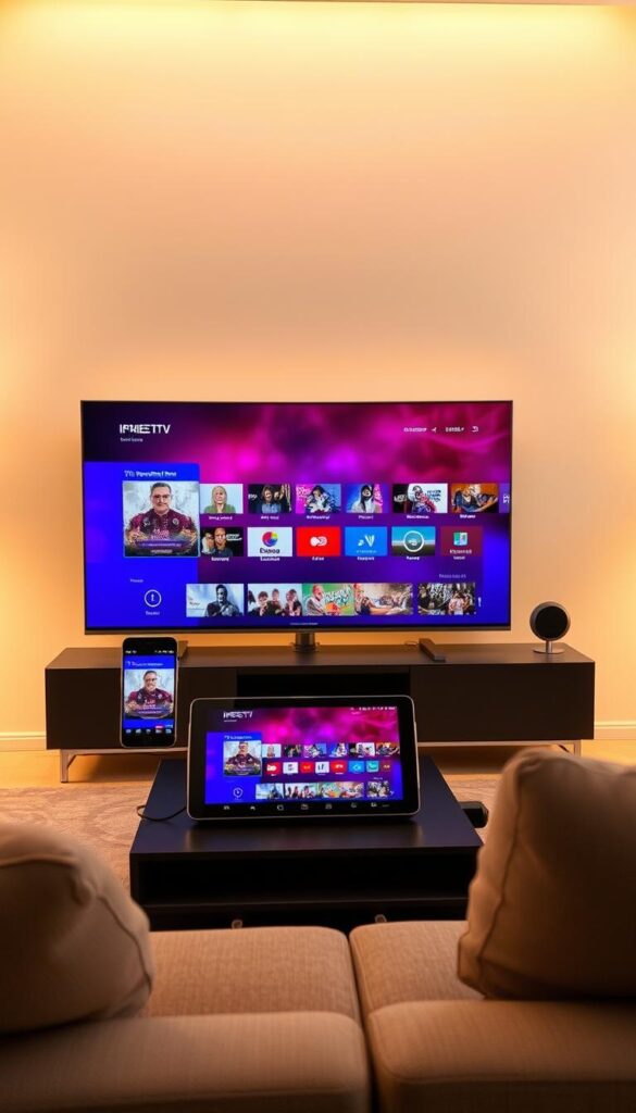 A high-tech living room setup featuring multiple electronic devices, including a large flatscreen TV, tablet, and smartphone, all seamlessly connected and displaying IPTVANBIETERTV content. The scene is illuminated by soft, warm lighting, creating a cozy and immersive atmosphere. The devices are arranged in a visually appealing and ergonomic layout, showcasing the convenience and flexibility of IPTV technology across multiple screens. The background features subtle, abstract patterns or textures that complement the modern, minimalist design aesthetic.