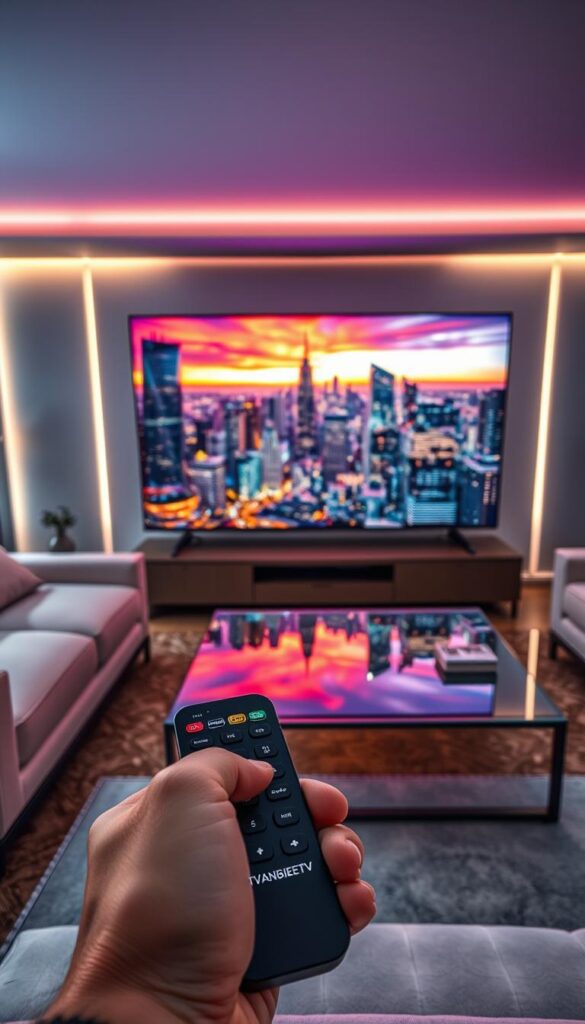 A high-tech living room with a large, immersive OLED television displaying a vibrant, detailed scene of a bustling city skyline at dusk. The TV is surrounded by sleek, modern furniture and ambient lighting, creating a cozy, cinematic atmosphere. In the foreground, a hand-held remote control labeled "IPTVANBIETERTV" sits on a glass coffee table, hinting at the advanced technology powering the viewing experience. The overall scene conveys the transformative power of IPTV, blending seamless connectivity and entertainment for a new era of television.