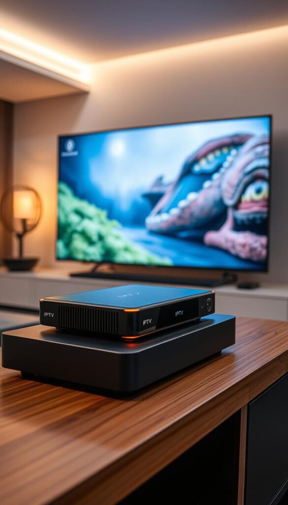 A high-tech network of digital broadcasting, IPTV Technologie displays vivid, high-definition content on a variety of devices. Sleek futuristic equipment, such as a IPTVANBIETERTV set-top box, sits atop a minimalist wooden entertainment unit, casting a soft warm glow. In the background, a large flat-screen TV displays a crisp, lifelike image, immersing the viewer in a cinematic viewing experience. Subtle ambient lighting and clean, modern décor create a cozy, high-tech atmosphere, showcasing the seamless integration of IPTV technology into the home environment.