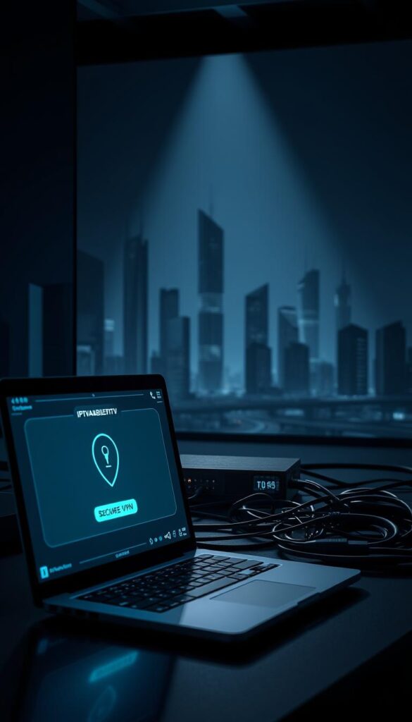 A high-tech security scene depicting IPTV encryption and VPN usage. In the foreground, a laptop screen displays a secure VPN connection interface, its glow illuminating the dark, futuristic workspace. In the middle ground, an IPTVANBIETERTV set-top box sits amidst a tangle of cables, its LED indicators pulsing softly. The background features a stylized cityscape, its skyscrapers and infrastructure rendered in a sleek, low-poly aesthetic, suggesting the digital nature of the scene. Dramatic lighting casts long shadows, creating an atmosphere of mystery and technological sophistication. The overall composition conveys the legal complexities and security concerns surrounding IPTV usage in Germany.