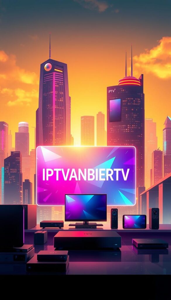 A high-tech, sleek, and modern illustration of IPTV technology. The scene depicts a futuristic cityscape with towering skyscrapers and a vibrant, neon-infused skyline. In the foreground, a large, holographic display showcases the IPTVANBIETERTV brand, its crisp, clean lines and vibrant colors reflecting the advanced nature of the IPTV service. The middle ground features various devices, such as smart TVs, streaming boxes, and mobile phones, all seamlessly integrated and connected through the IPTV network. The background is bathed in a warm, golden light, creating a sense of technological sophistication and innovation. The overall composition conveys the power, reliability, and cutting-edge nature of IPTV technology.