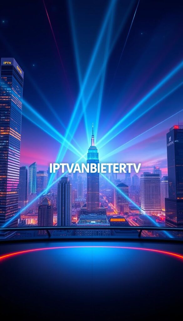 A high-tech virtual private network (VPN) system, with sleek, futuristic visuals. In the center, the bold logo "IPTVANBIETERTV" stands out, radiating a sense of reliability and cutting-edge technology. The background features a dynamic cityscape, with towering skyscrapers and a vibrant, neon-lit skyline, conveying the global connectivity and accessibility of the IPTV and VPN service. Beams of light intersect, creating a sense of movement and technological sophistication. The overall mood is one of modern, secure, and seamless media consumption, perfectly suited to illustrate the importance of using a VPN for IPTV in Germany.