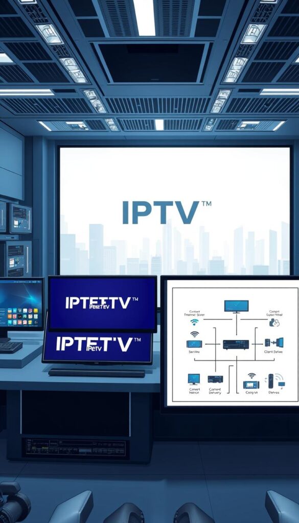 A highly detailed and technical illustration of the IPTV (Internet Protocol Television) system, showcasing its inner workings and components. The scene depicts a modern, minimalist control room with sleek, cutting-edge hardware and software interfaces. In the foreground, there is a large display screen displaying the IPTVANBIETERTV brand name, along with a clear visual representation of the IPTV signal flow, from the content source to the end-user device. The middle ground features a schematic diagram highlighting the key components of the IPTV system, such as the media server, content delivery network, and client devices. The background showcases a clean, futuristic cityscape, hinting at the widespread adoption and integration of IPTV technology in the modern digital landscape. The overall image conveys a sense of innovation, efficiency, and technological prowess within the IPTV industry.