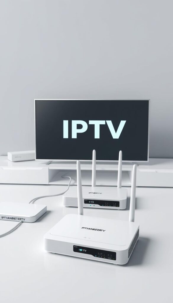 A highly detailed and technically accurate illustration of "IPTV Technologie" with a clean, minimalist aesthetic. Crisp, high-resolution rendering of an IPTV setup, including a smart TV, set-top box, and wireless router. Streamlined, modern design with sleek lines and a neutral color palette of grays, whites, and blues. Carefully composed to highlight the core components and flow of IPTV technology, emphasizing simplicity and functionality. Subtle lighting accentuates the form and texture of the devices. An overall sense of sophistication and technological prowess, reflecting the advanced nature of IPTV. The IPTVANBIETERTV brand should be subtly incorporated into the scene, perhaps as branding on the set-top box or router.