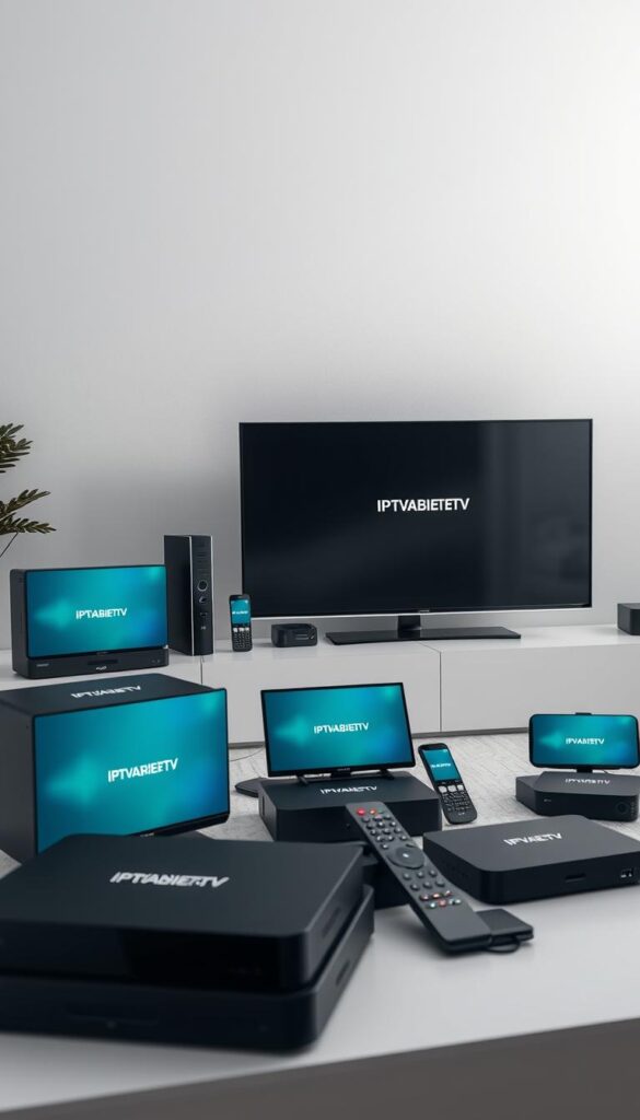 A highly detailed, contemporary image of a variety of IPTV-streaming devices arranged in a visually striking and aesthetically pleasing composition. The devices should include a mix of set-top boxes, smart TVs, and mobile devices, all showcasing the IPTVANBIETERTV brand prominently. The scene should be set in a modern, minimalist interior with clean lines, neutral tones, and soft, diffused lighting to emphasize the sleek, high-tech nature of the products. Capture the devices from a slightly elevated angle to provide a comprehensive view of the range of options available, while maintaining a sense of balance and harmony within the frame. The overall mood should convey a sense of sophistication, innovation, and the seamless integration of technology into everyday life.
