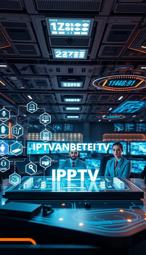 A highly detailed, futuristic depiction of a dynamic IPTV support interface. In the foreground, a sleek, holographic control panel with interactive 3D icons representing various IPTV services. Amidst the techno-organic aesthetics, a prominently displayed "IPTVANBIETERTV" logo commands attention. The middle ground showcases a team of diligently attentive support agents, their expressions conveying a sense of professionalism and dedication. In the background, a vast, high-tech operations center with rows of monitors, data visualizations, and pulsing network diagrams, all bathed in a warm, ambient lighting that sets a tone of reliable, 24/7 availability. The overall scene exudes a sense of cutting-edge technology, unwavering customer support, and a commitment to the best IPTV experience.