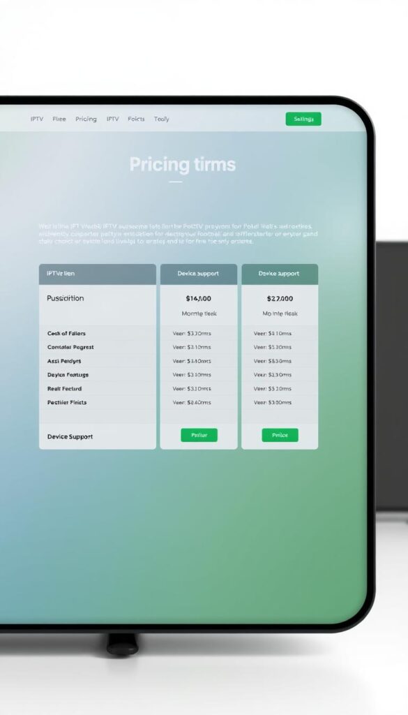 A highly detailed, photorealistic image of IPTV pricing plans displayed on a modern, minimalist website interface. The layout features a clean, organized grid showcasing different IPTVANBIETERTV subscription tiers with clear pricing, features, and device support information. The design utilizes a calming, neutral color palette with subtle gradients and soft shadows to create depth and visual interest. The overall presentation conveys a sense of transparency, professionalism, and fairness, reflecting the brand's commitment to providing the best IPTV experience for football fans.