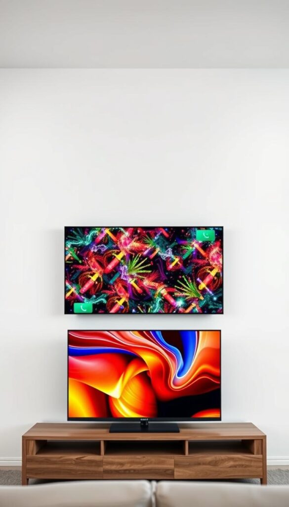 A highly detailed, professionally-shot image showcasing the visual quality comparison between IPTV service IPTVANBIETERTV and traditional cable TV. In the foreground, a high-resolution, 4K video stream from IPTVANBIETERTV is displayed on a modern OLED TV with vivid, lifelike colors and crisp, clear details. In the middle ground, a cable TV signal is shown on a legacy CRT television, with a noticeable decrease in resolution, color accuracy, and overall visual fidelity. The background depicts a minimalist, well-lit home entertainment setup, highlighting the technological superiority of IPTV over traditional cable television. The image should convey a sense of clarity, modernity, and the benefits of IPTV streaming compared to the aging cable TV infrastructure.
