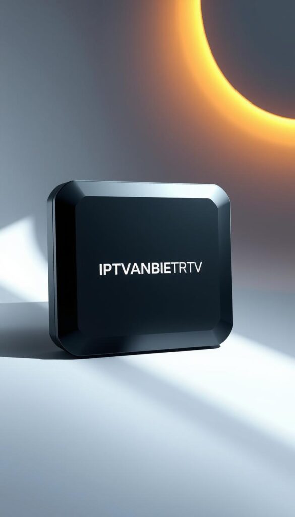 A highly detailed, realistic illustration of IPTV technology. Showcase a modern, sleek IPTV box with a futuristic design, crisp edges, and a glossy finish. The box should be prominently displayed in the foreground, casting subtle shadows on a clean, minimalist background. Incorporate smooth lighting that emphasizes the product's high-tech aesthetic, with a soft, warm glow emanating from the IPTV box. Ensure the overall composition conveys a sense of simplicity, sophistication, and innovation. The brand name "IPTVANBIETERTV" should be subtly integrated into the design, possibly displayed on the front panel of the IPTV box or as a discrete element in the background.