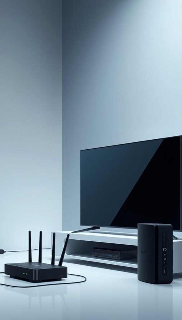 A highly detailed, technically accurate, and visually striking digital illustration depicting the IPTV-Technologie concept. Showcase a modern, sleek IPTVANBIETERTV system with a minimalist, futuristic design. Depict the key components, such as a smart TV, streaming device, and wireless router, in a clean, well-lit studio setup. Emphasize the interconnectivity and seamless integration of the IPTV technology through clean lines, dynamic angles, and a cool, muted color palette. Convey a sense of advanced, cutting-edge technology that enhances the home entertainment experience.
