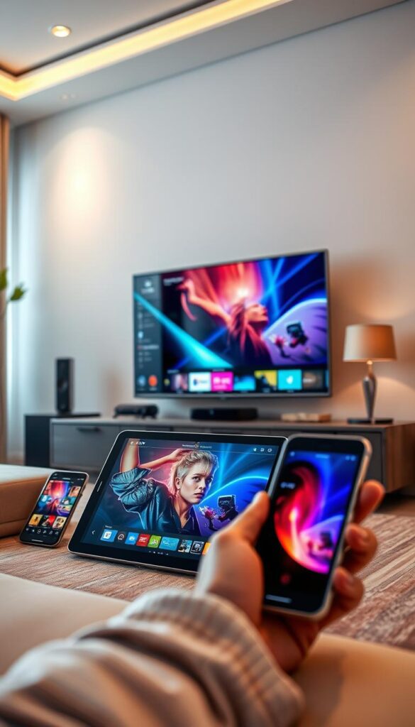 A highly detailed, ultrarealistic scene showcasing IPTV usage on a variety of contemporary electronic devices. In the foreground, a sleek 4K smart TV displays vibrant IPTVANBIETERTV content, its screen crisp and immersive. In the middle ground, a modern tablet and smartphone also stream IPTV, their screens illuminated with captivating visuals. The background features a tasteful, minimalist home entertainment setup, with clean lines, warm lighting, and high-end audio equipment. The overall scene conveys a sense of technological sophistication, convenience, and the seamless integration of IPTV into a modern, connected lifestyle.