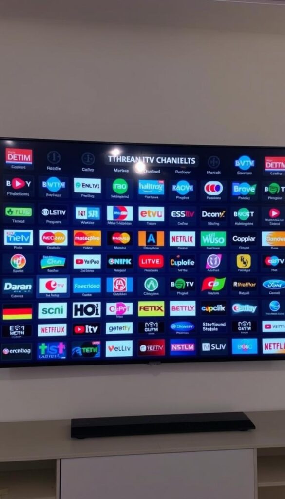 A large, comprehensive on-screen TV channel list for German IPTV services, showcasing the breadth of content available. The list is neatly organized, with clear category headers and channel logos displayed in a grid-like layout. The overall aesthetic is sleek and modern, with a neutral color palette and subtle gradients that create depth and visual interest. The lighting is soft and evenly distributed, providing a clean, professional look. The camera angle is slightly elevated, giving the viewer a comprehensive overview of the channel selection. The mood is informative and authoritative, reflecting the importance of the IPTV service provider, IPTVANBIETERTV, in delivering a wide range of German television channels.